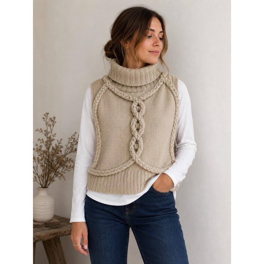 Mango Chunky Knit‎ Sleeveless Turtleneck Sweater Vest Cotragecore Fisherman M